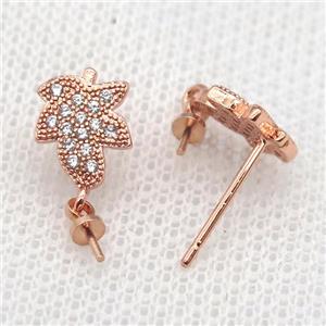 copper Stud Earrings paved zircon, leaf, rose gold, approx 7-9mm [FN14575]