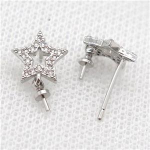 copper Stud Earrings paved zircon, star, platinum plated, approx 10mm [FN14576]