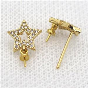 copper Stud Earrings paved zircon, star, gold plated, approx 10mm [FN14577]