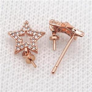 copper Stud Earrings paved zircon, star, rose gold, approx 10mm [FN14578]