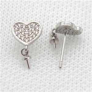 copper Stud Earrings paved zircon, heart, platinum plated, approx 9mm [FN14579]