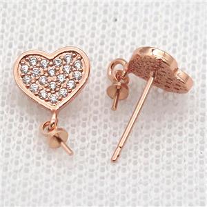 copper Stud Earrings paved zircon, heart, rose gold, approx 9mm [FN14581]