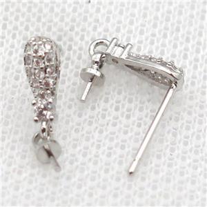 copper Stud Earrings paved zircon, teardrop, platinum plated, approx 9mm [FN14582]