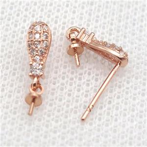 copper Stud Earrings paved zircon, teardrop, rose gold, approx 9mm [FN14584]