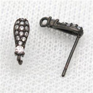 copper Stud Earrings paved zircon, teardrop, black plated, approx 9mm [FN14585]