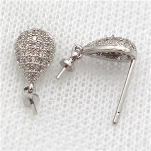 copper Stud Earrings paved zircon, teardrop, platinum plated, approx 7-10mm [FN14586]