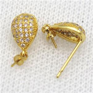 copper Stud Earrings paved zircon, teardrop, gold plated, approx 7-10mm [FN14587]