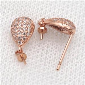copper Stud Earrings paved zircon, teardrop, rose gold, approx 7-10mm [FN14588]