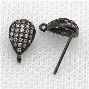 copper Stud Earrings paved zircon, teardrop, black plated, approx 7-10mm [FN14589]