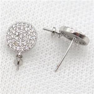copper Stud Earrings paved zircon, circle, platinum plated, approx 10mm [FN14590]