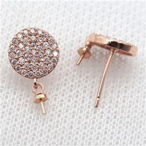 copper Stud Earrings paved zircon, circle, rose gold, approx 10mm [FN14592]