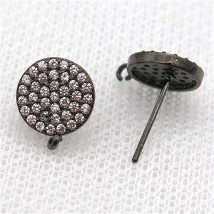 copper Stud Earrings paved zircon, circle, black plated, approx 10mm [FN14593]