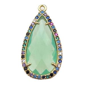 green Crystal Glass teardrop pendant pave zircon, gold plated, approx 14-25mm [FN14623]