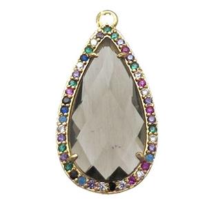 smoky Crystal Glass teardrop pendant pave zircon, gold plated, approx 14-25mm [FN14624]
