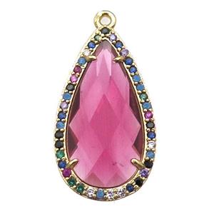 hotpink Crystal Glass teardrop pendant pave zircon, gold plated, approx 14-25mm [FN14625]