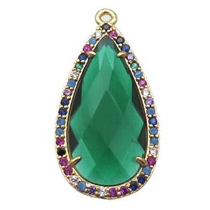 peacock green Crystal Glass teardrop pendant pave zircon, gold plated, approx 14-25mm [FN14627]