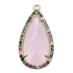 pink Crystal Glass teardrop pendant pave zircon, gold plated, approx 14-25mm [FN14628]