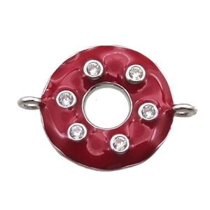 red enameling copper donut connector paved zircon, platinum plated, approx 15mm dia [FN14641]