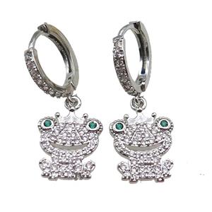 copper Hoop Earrings paved zircon, frog, platinum plated, approx 11-15mm, 14mm dia [FN14668]