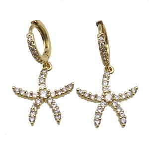copper Hoop Earrings paved zircon, starfish, gold plated, approx 20mm, 14mm dia [FN14670]
