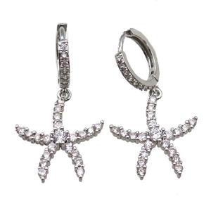 copper Hoop Earrings paved zircon, starfish, platinum plated, approx 20mm, 14mm dia [FN14671]