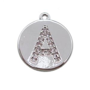 copper letter-A pendant paved zircon, platinum plated, approx 14mm dia [FN14702]