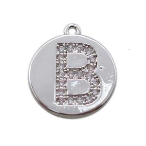 copper letter-B pendant paved zircon, platinum plated, approx 14mm dia [FN14703]