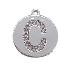 copper letter-C pendant paved zircon, platinum plated, approx 14mm dia [FN14704]