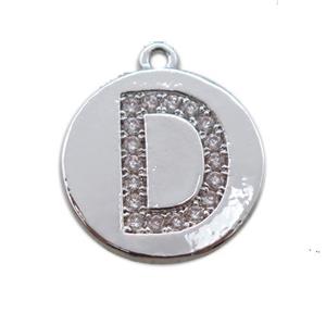 copper letter-D pendant paved zircon, platinum plated, approx 14mm dia [FN14705]