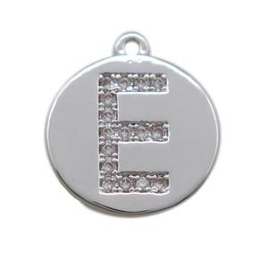copper letter-E pendant paved zircon, platinum plated, approx 14mm dia [FN14706]