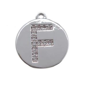 copper letter-F pendant paved zircon, platinum plated, approx 14mm dia [FN14707]