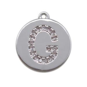 copper letter-G pendant paved zircon, platinum plated, approx 14mm dia [FN14708]