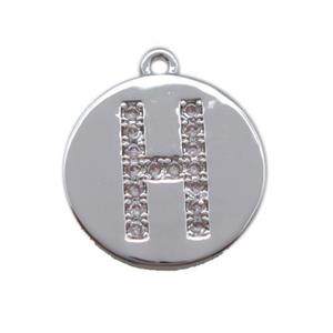 copper letter-H pendant paved zircon, platinum plated, approx 14mm dia [FN14709]
