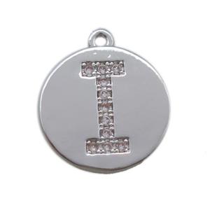 copper letter-I pendant paved zircon, platinum plated, approx 14mm dia [FN14710]