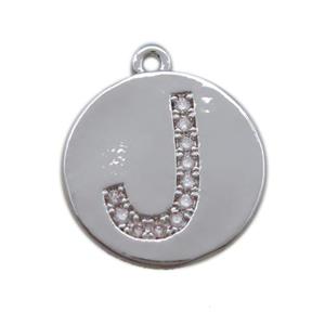 copper letter-J pendant paved zircon, platinum plated, approx 14mm dia [FN14711]