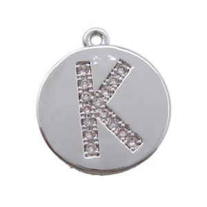 copper letter-K pendant paved zircon, platinum plated, approx 14mm dia [FN14712]