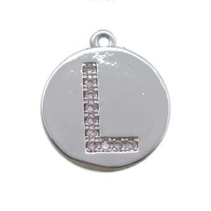 copper letter-L pendant paved zircon, platinum plated, approx 14mm dia [FN14713]