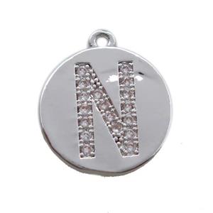 copper letter-N pendant paved zircon, platinum plated, approx 14mm dia [FN14715]
