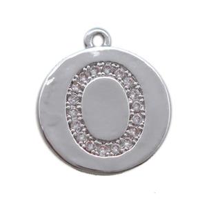 copper letter-O pendant paved zircon, platinum plated, approx 14mm dia [FN14716]