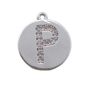 copper letter-P pendant paved zircon, platinum plated, approx 14mm dia [FN14717]