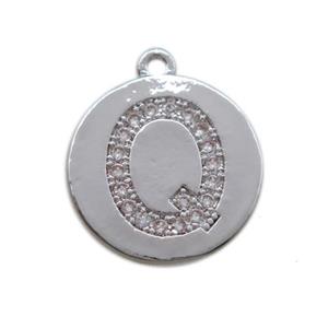 copper letter-Q pendant paved zircon, platinum plated, approx 14mm dia [FN14718]