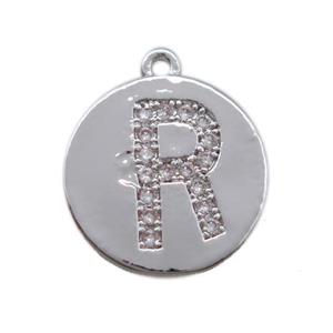 copper letter-R pendant paved zircon, platinum plated, approx 14mm dia [FN14719]