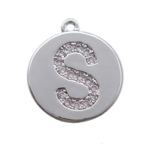 copper letter-S pendant paved zircon, platinum plated, approx 14mm dia [FN14720]