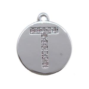 copper letter-T pendant paved zircon, platinum plated, approx 14mm dia [FN14721]