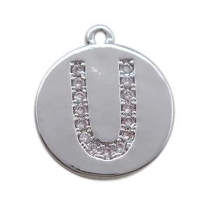 copper letter-U pendant paved zircon, platinum plated, approx 14mm dia [FN14722]