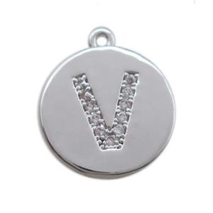 copper letter-V pendant paved zircon, platinum plated, approx 14mm dia [FN14723]