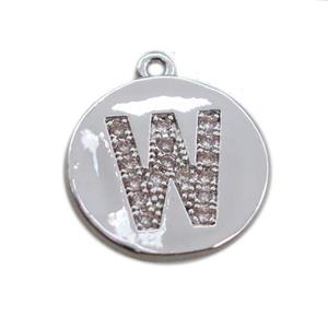 copper letter-W pendant paved zircon, platinum plated, approx 14mm dia [FN14724]
