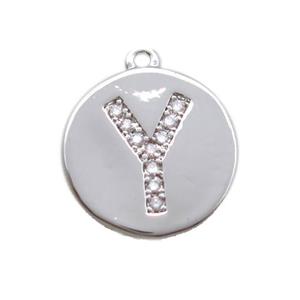 copper letter-Y pendant paved zircon, platinum plated, approx 14mm dia [FN14726]