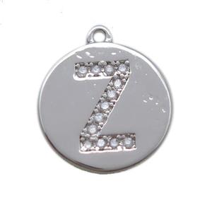 copper letter-Z pendant paved zircon, platinum plated, approx 14mm dia [FN14727]