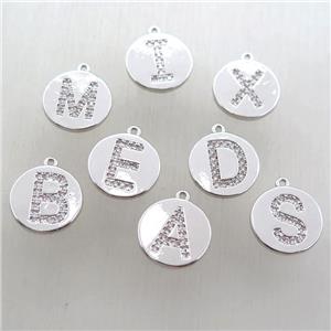 mixed copper letter pendant paved zircon, platinum plated, approx 14mm dia [FN14728]